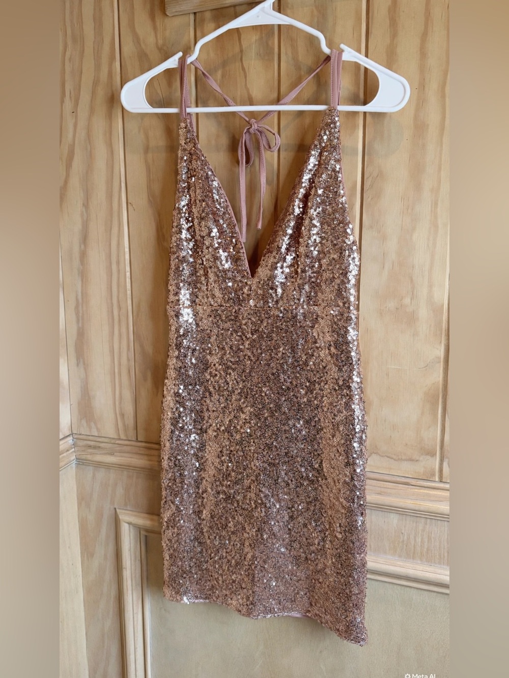 Hello Molly Sequin V-Neck Halter Mini Dress - Rose Gold